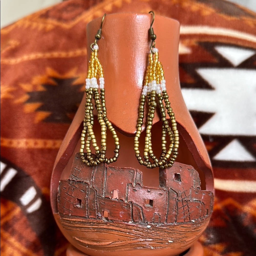 Elegant Beaded Earrings in Gold and White - Handcrafted Earrings